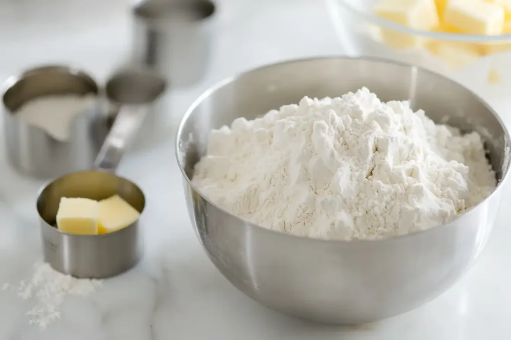 Measuring flour and butter accurately for cookies on a white marble