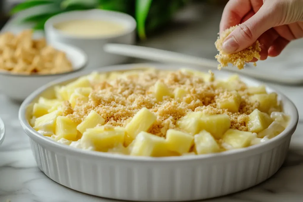 A close-up of hands sprinkling a buttery cracker topping over layers of pineapple and cheese in a white baking dish on a marble countertop.