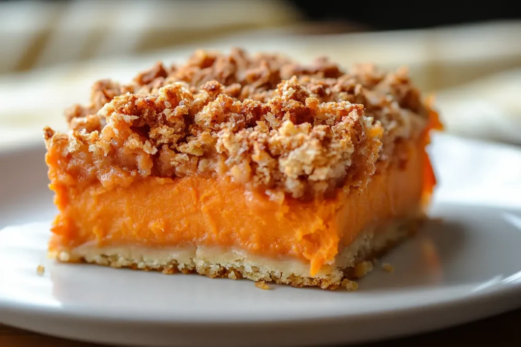 Baked sweet potato casserole close-up.