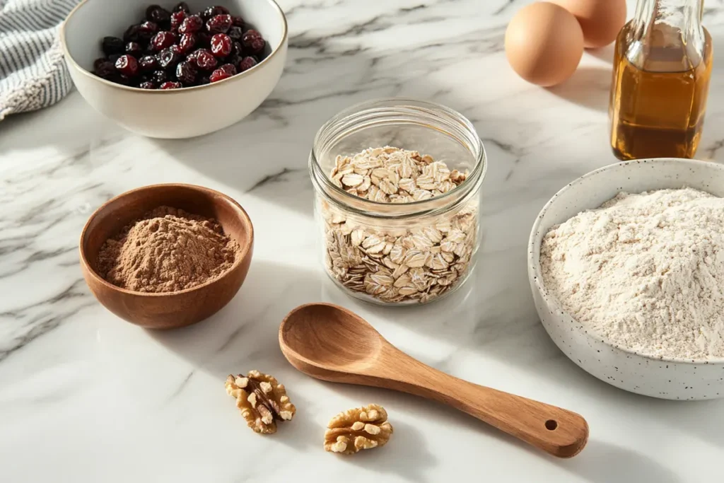 Ingredients for chewy oatmeal craisin cookies neatly arranged on a wooden surface.