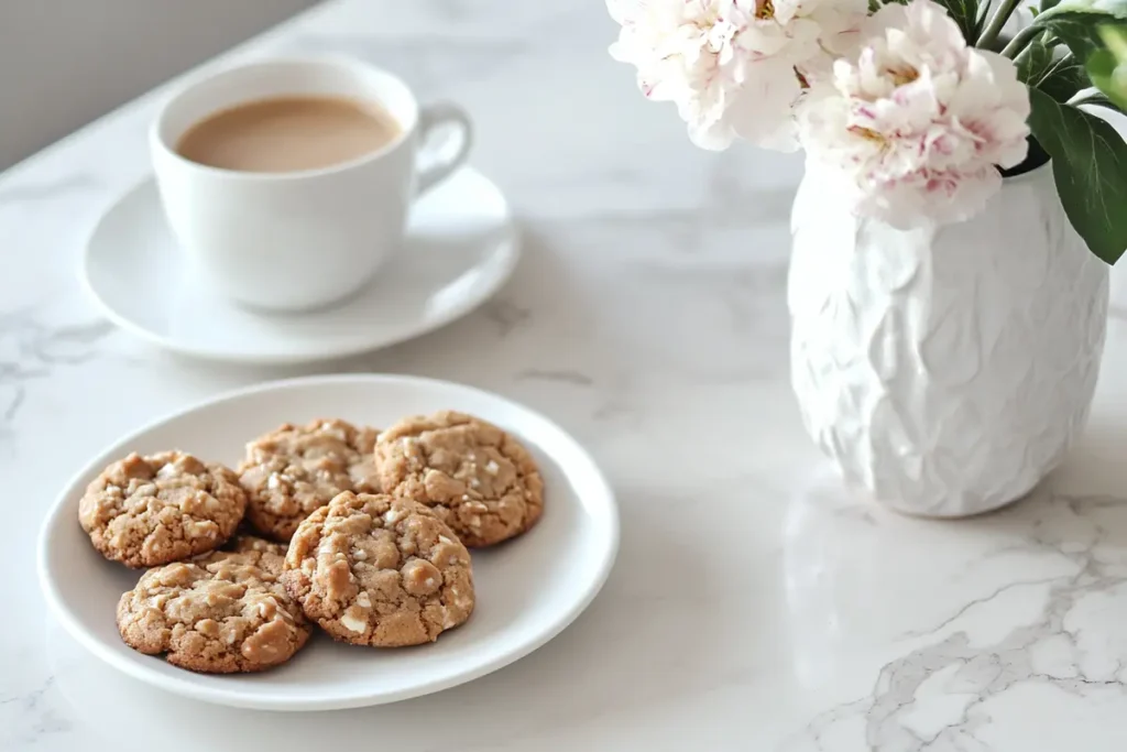 Banana chocolate chip breakfast cookies served with coffee in a modern kitchen on a white marble countertop