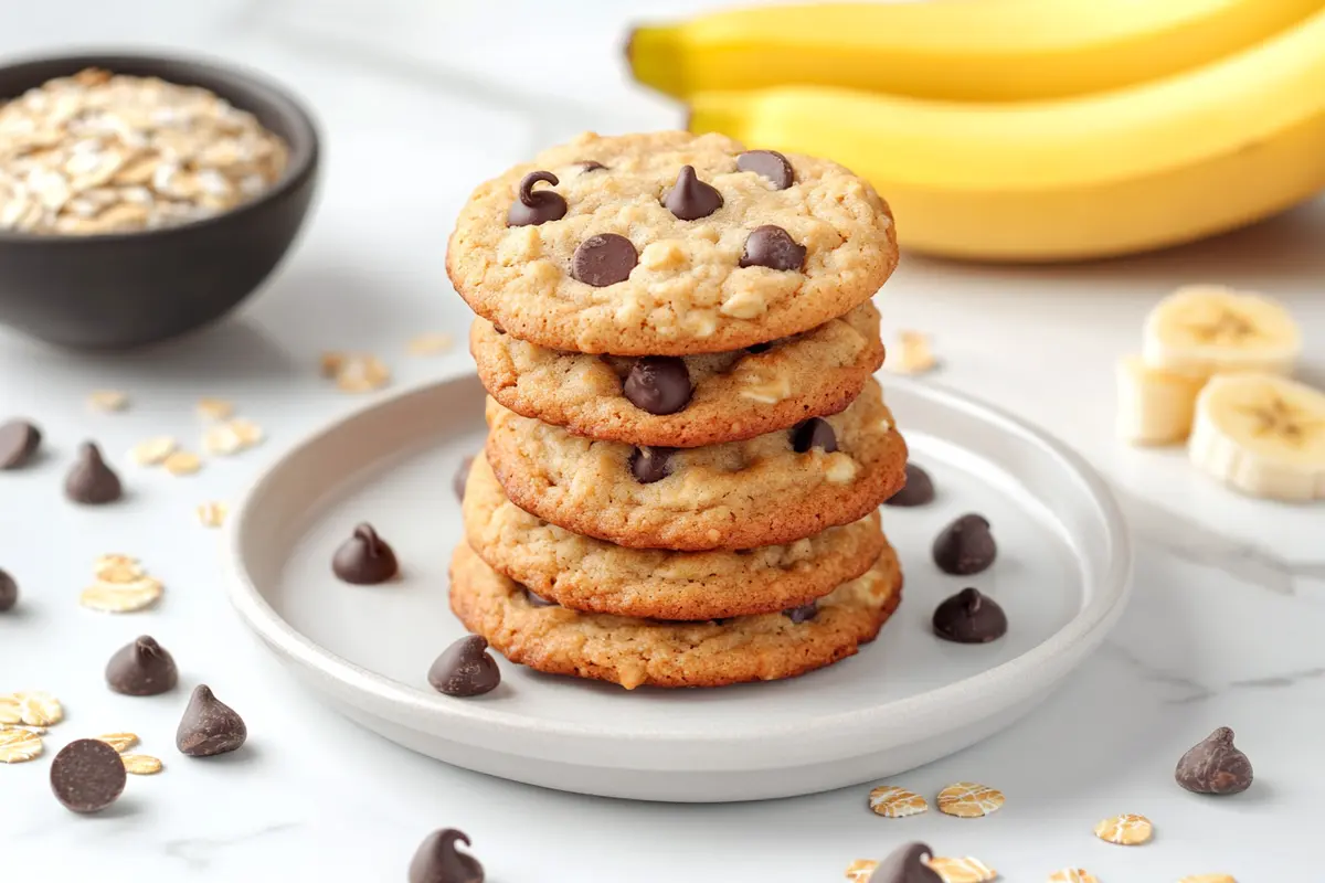 Freshly baked banana chocolate chip breakfast cookies with ingredients on a white marble countertop