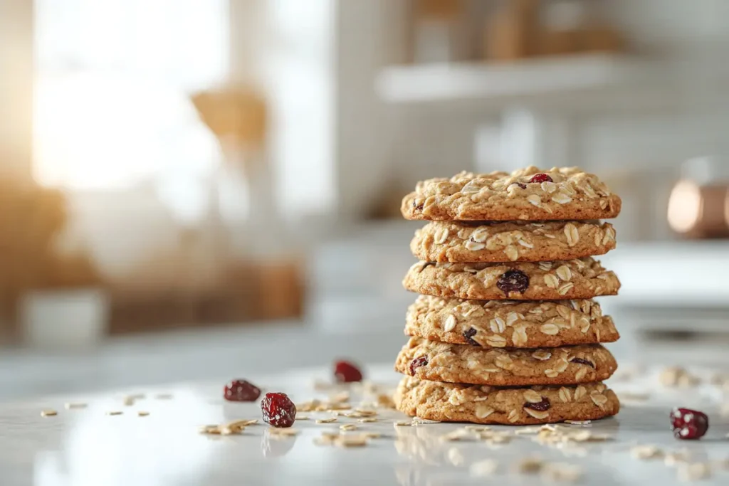 A stack of chewy oatmeal craisin cookies on a white marble countertop.