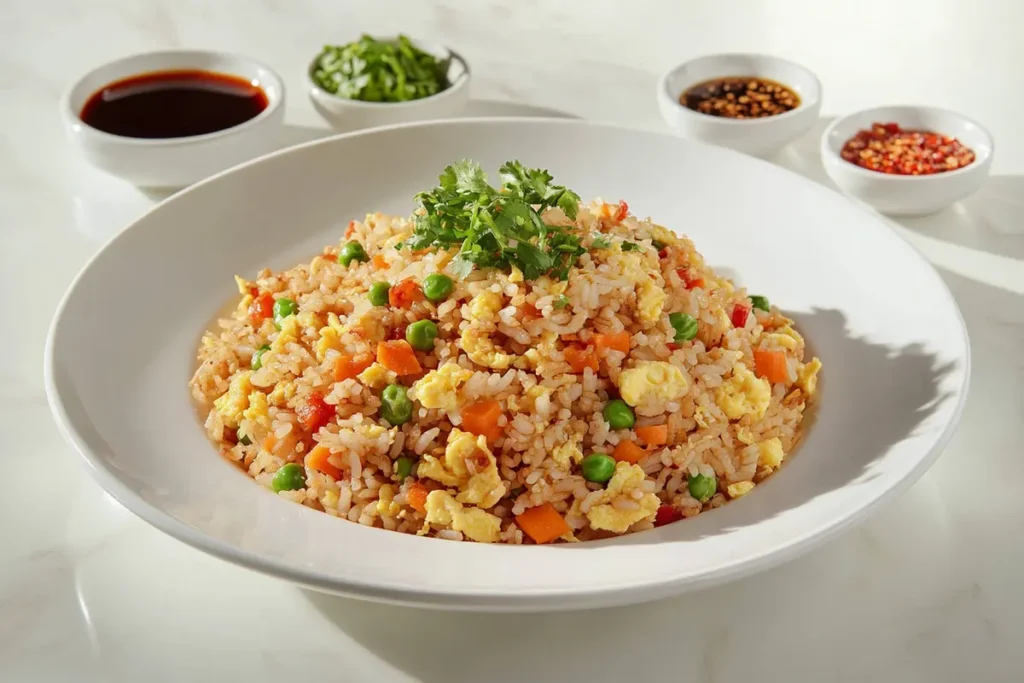 A delicious plate of Chinese fried rice garnished with fresh green onions