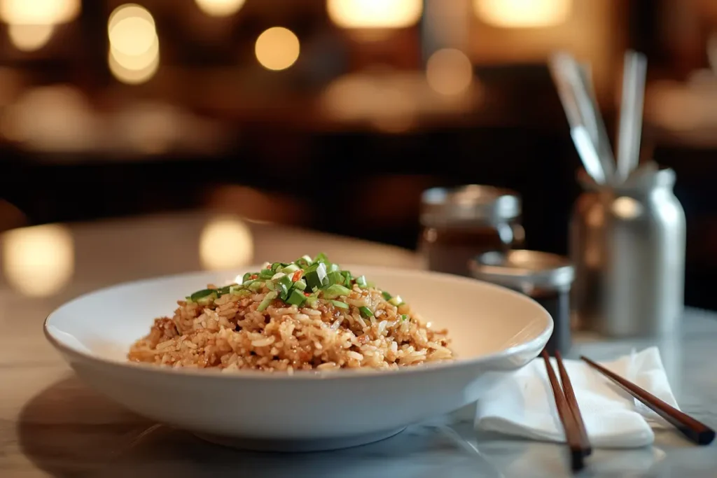 A plate of Chinese fried rice garnished with scallions, served with soy sauce on a white marble countertop in a cozy kitchen.