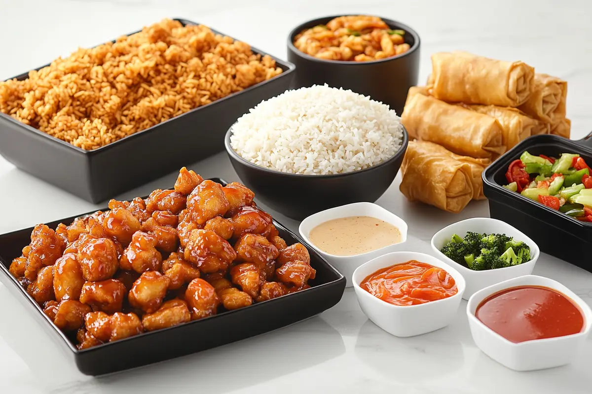 A vibrant arrangement of Chinese takeout dishes, including fried rice, General Tso’s chicken, vegetable chow mein, spring rolls, and dipping sauces on a white marble countertop.