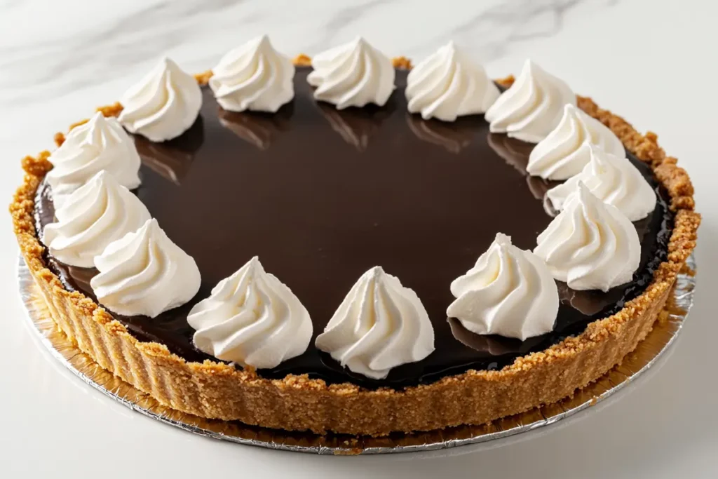 A full chocolate pudding pie sliced into portions with whipped cream