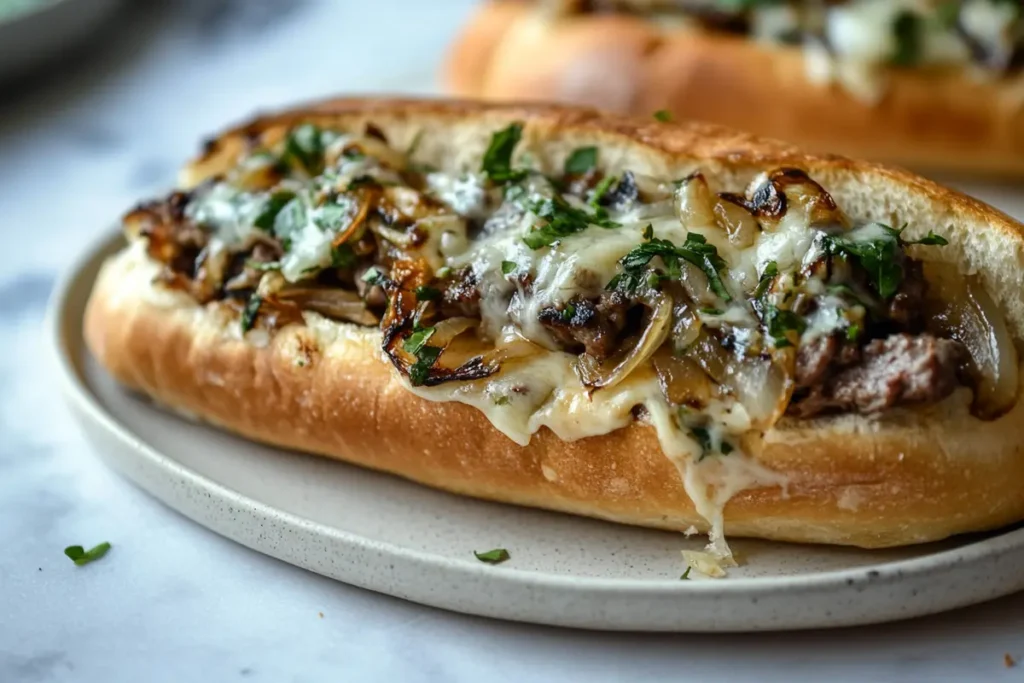 A close-up of a delicious Philly cheesesteak on a white marble countertop.