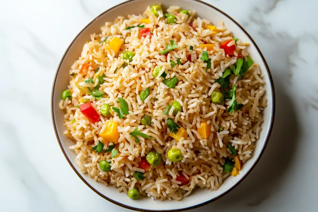 Perfectly cooked fried rice on a white marble surface, close-up.