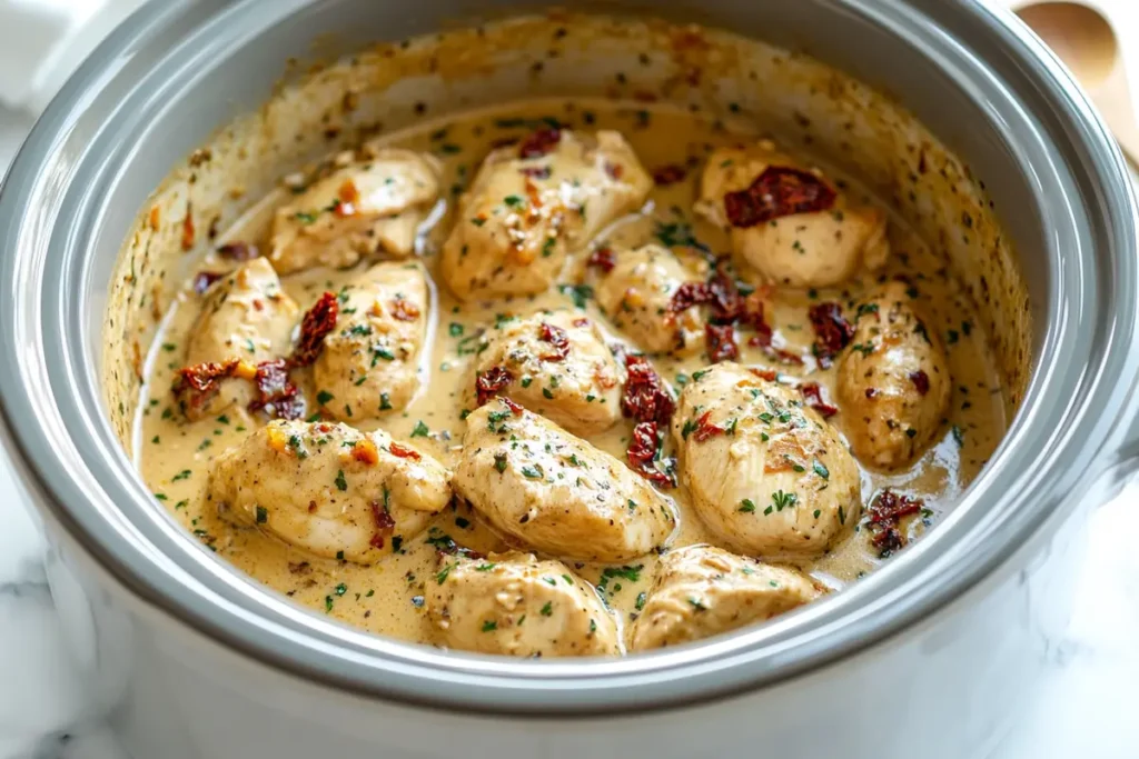  A crockpot with chicken, cream sauce, and sun-dried tomatoes in the middle of cooking on a white marble countertop.