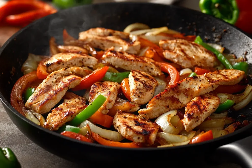 Shaved chicken breast cooking in a skillet with onions and peppers