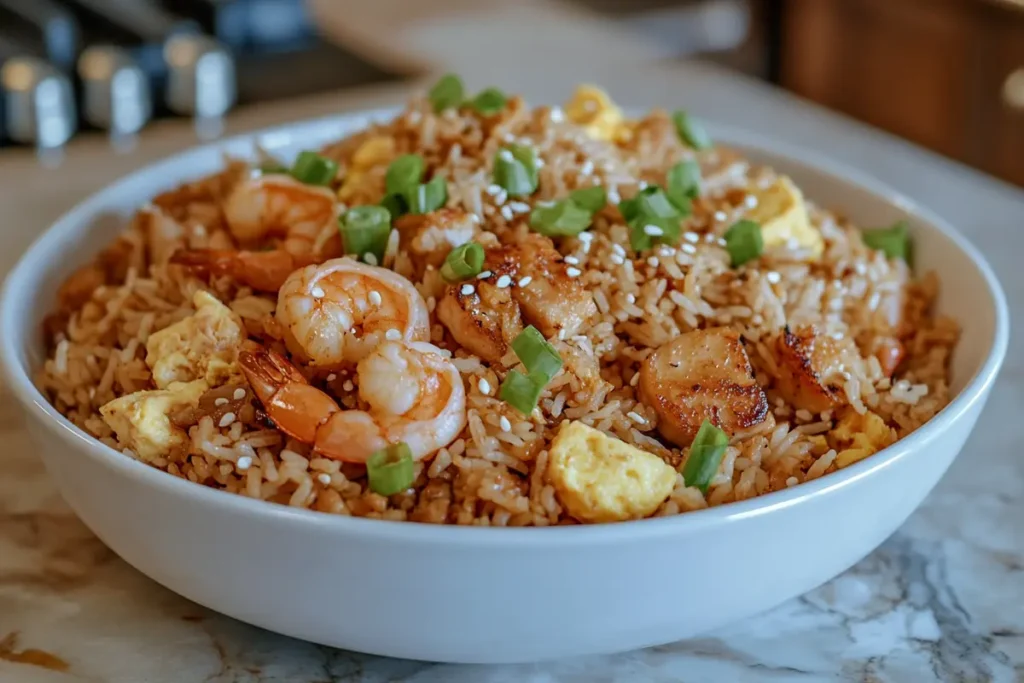 A white ceramic bowl of fried rice with egg, chicken, shrimp, garnished with green onions and sesame seeds, on a marble countertop in a warm kitchen.