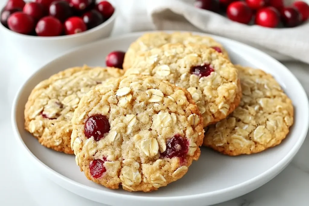 A batch of cranberry oatmeal cookies on a wooden surface, with visible oats and cranberries, and a blurred bowl of fresh cranberries in the background.