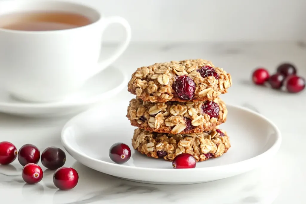 A stack of cranberry oatmeal cookies on a floral plate next to a vintage teacup of tea, with string lights in the blurred background.