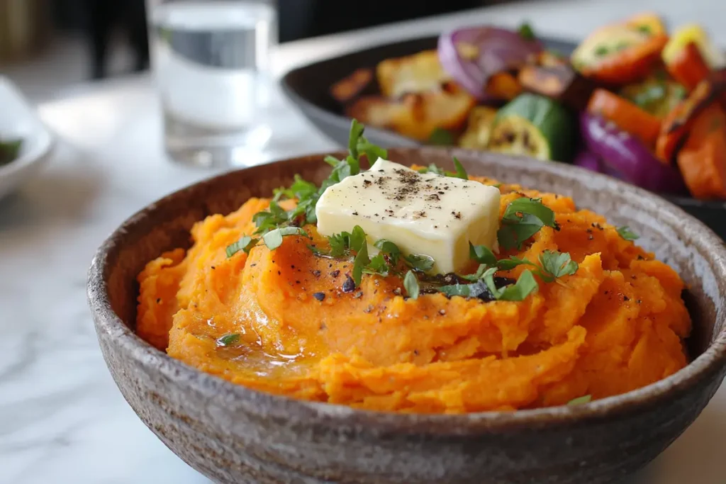 Mashed sweet potatoes topped with butter and herbs, served on a marble countertop.