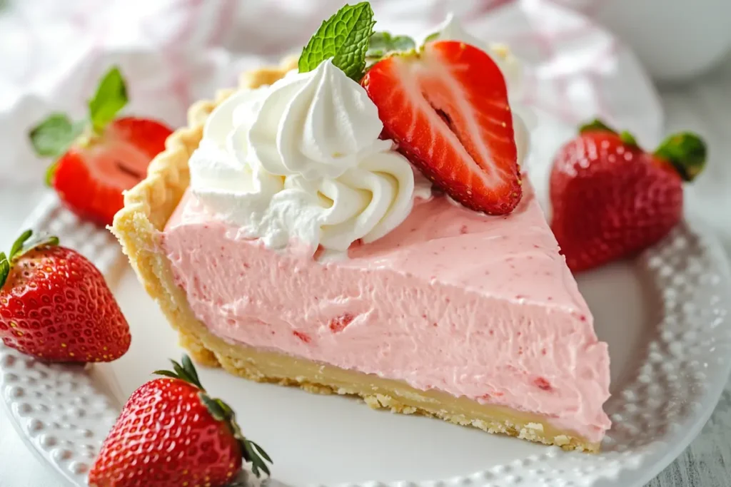 A creamy pink strawberry cream pie topped with whipped cream swirls and halved fresh strawberries, served on a white plate with garnished mint leaves and strawberries.