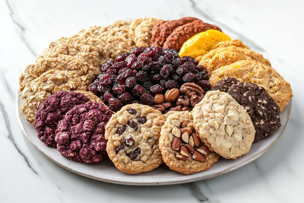 Oatmeal cookies with dried cranberries replacing raisins and various add-ins like nuts and citrus zest