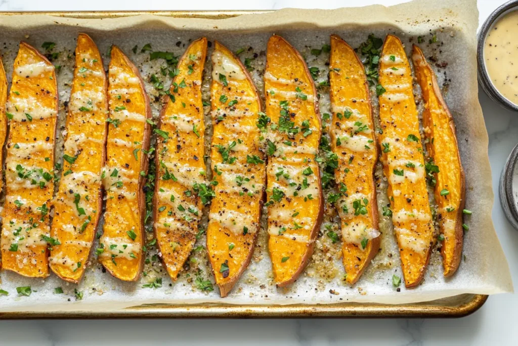 Crispy baked sweet potato fries on a tray with herbs and dipping sauce.