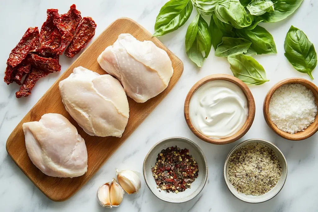 Ingredients for Crockpot Marry Me Chicken, including chicken, sun-dried tomatoes, parmesan cheese, and cream on a white marble countertop in a family kitchen.