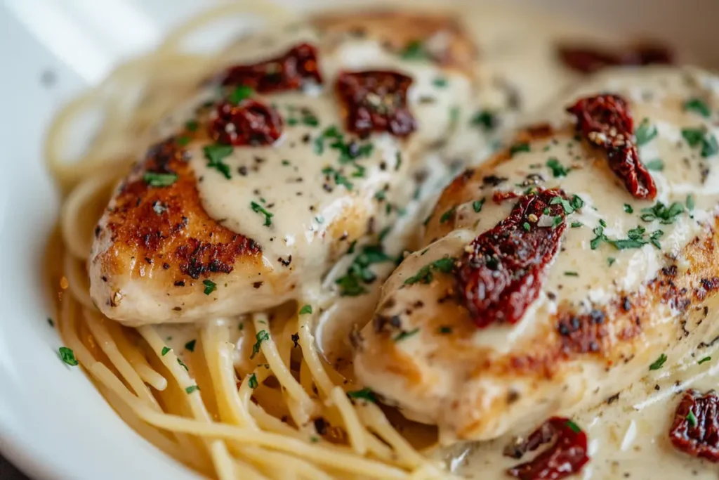 Close-up of Crockpot Marry Me Chicken served over spaghetti, featuring tender chicken breasts topped with creamy sauce, sun-dried tomatoes, and fresh parsley.