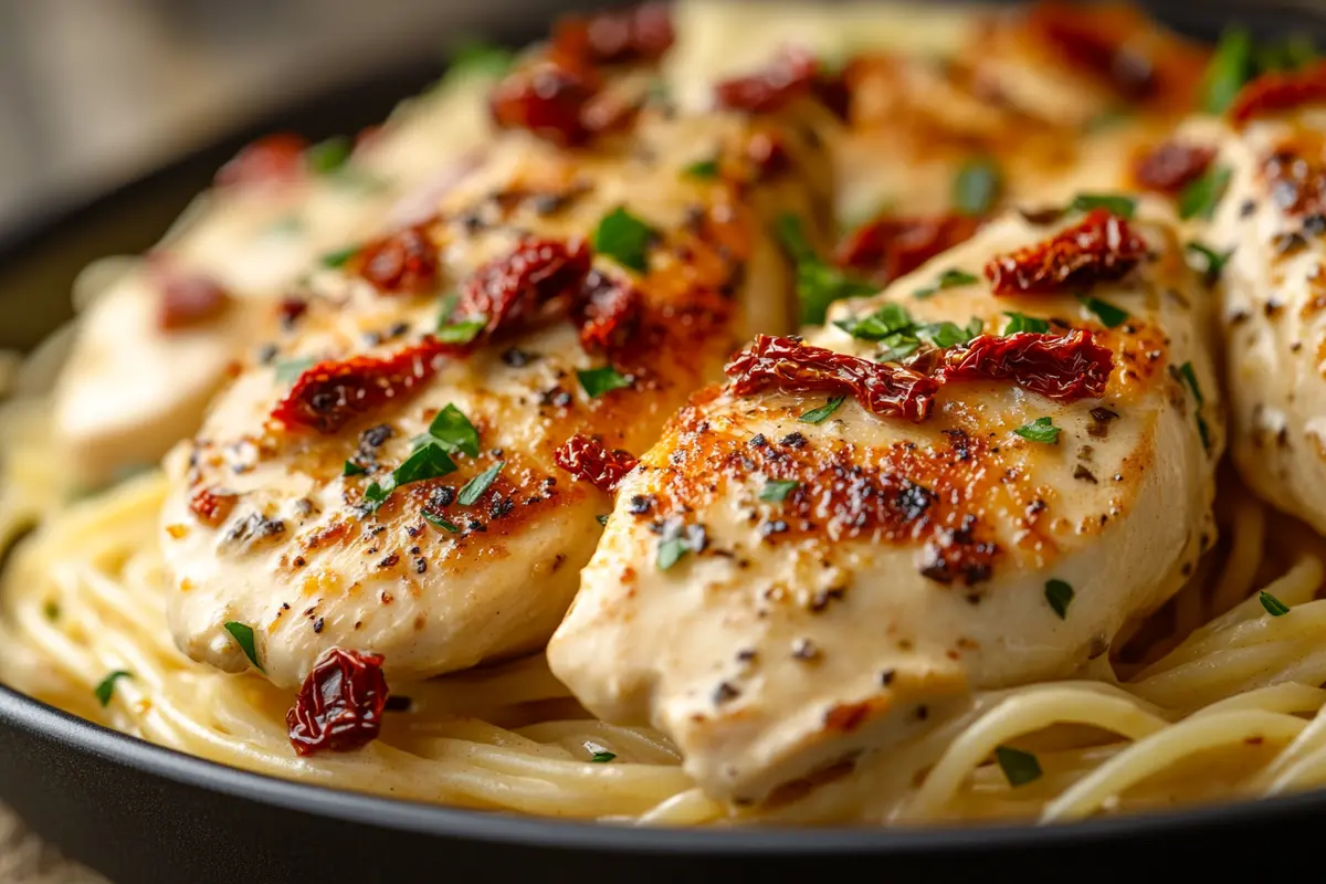 Close-up of Crockpot Marry Me Chicken served over spaghetti, featuring tender chicken breasts topped with creamy sauce, sun-dried tomatoes, and fresh parsley.