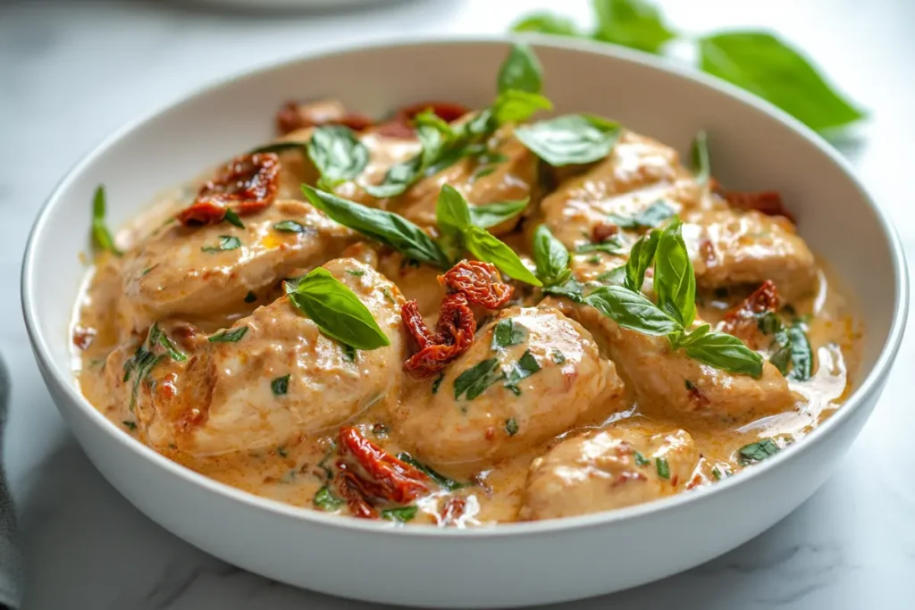 A plated dish of Crockpot Marry Me Chicken on a white marble countertop, garnished with fresh basil.