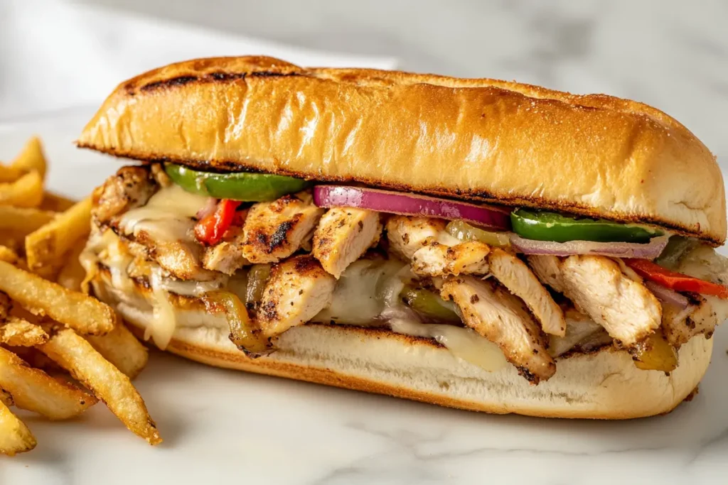 A cross-section of a chicken cheesesteak sandwich showing layers of chicken, cheese, onions, and peppers on a white marble countertop.