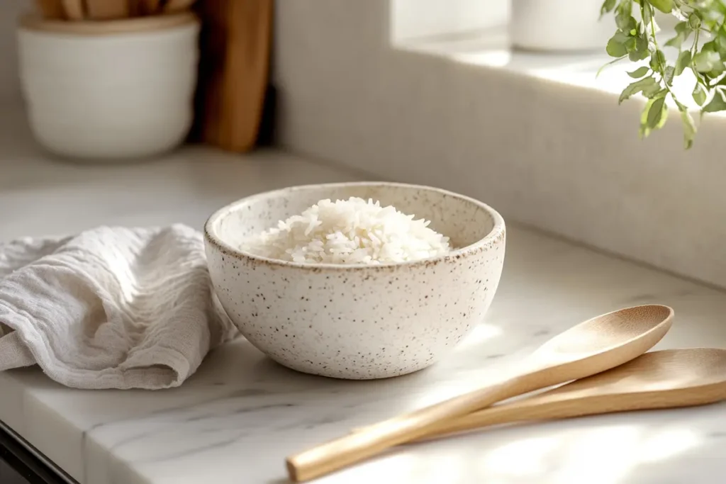 A bowl of day-old jasmine rice on a white marble countertop in a cozy kitchen, ready to be used for Chinese fried rice.