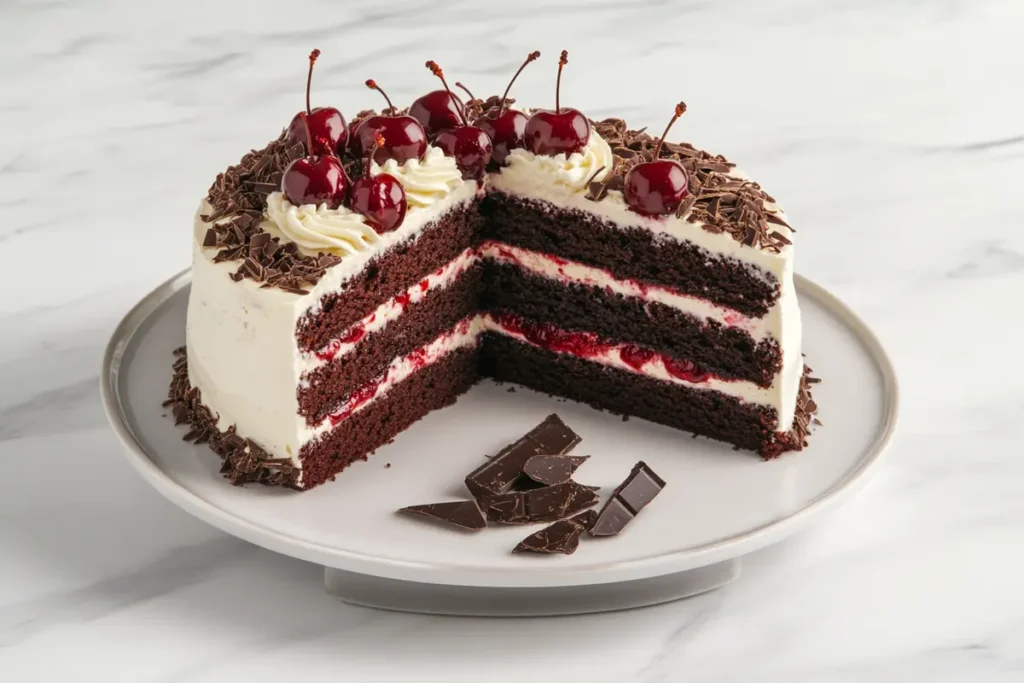 Sliced Black Forest cake with layers of chocolate sponge, cherry filling, and whipped cream.