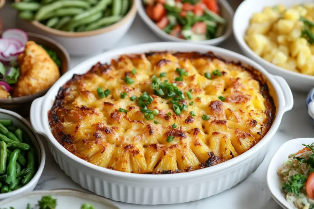 Pineapple Casserole with balanced side dishes