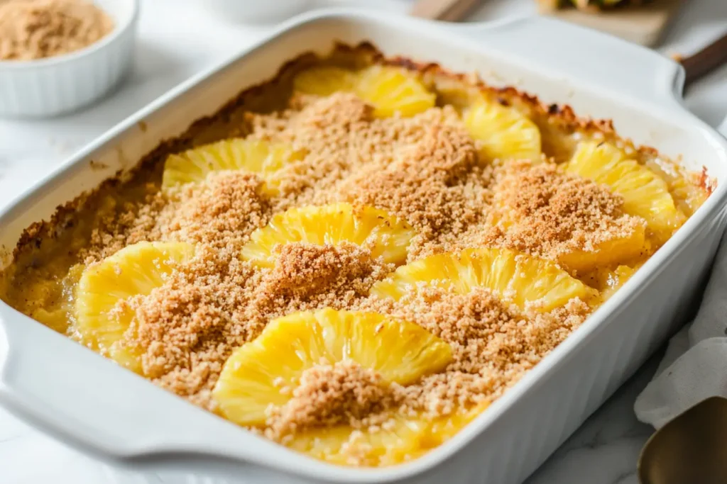 A gluten-free pineapple casserole in a white ceramic dish with a crunchy breadcrumb topping, placed on a marble countertop.