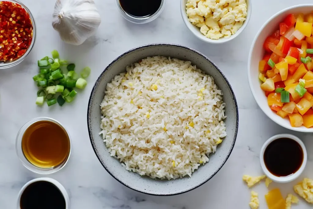 Key ingredients for Chinese fried rice, including day-old rice, sauces, and fresh vegetables.