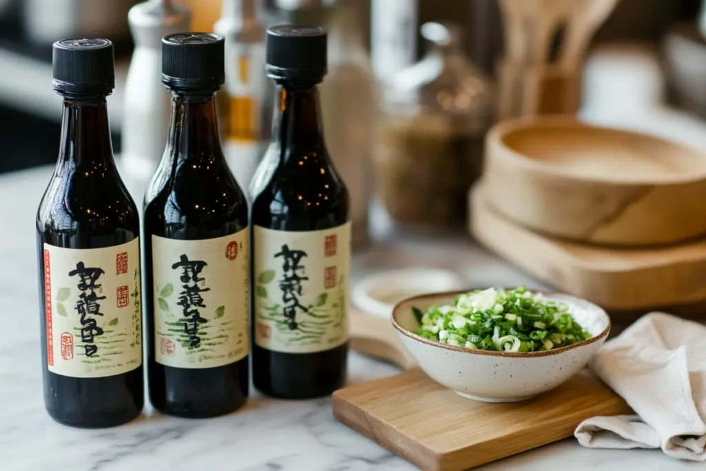  Bottles of soy sauce, oyster sauce, and sesame oil, with a small bowl of minced garlic and scallions on a white marble countertop in a cozy kitchen.