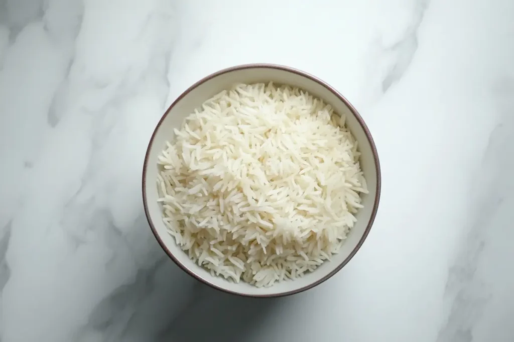 A bowl of perfectly cooked basmati rice with separate, fluffy grains.