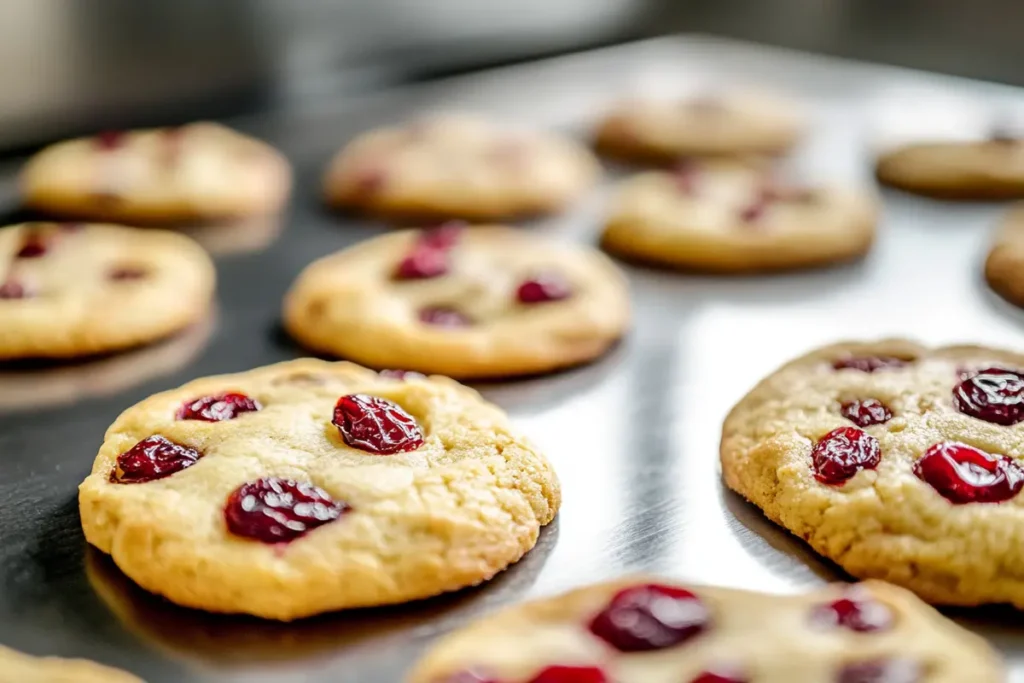 Freshly baked cranberry cookies with dried cranberries on a modern kitchen countertop