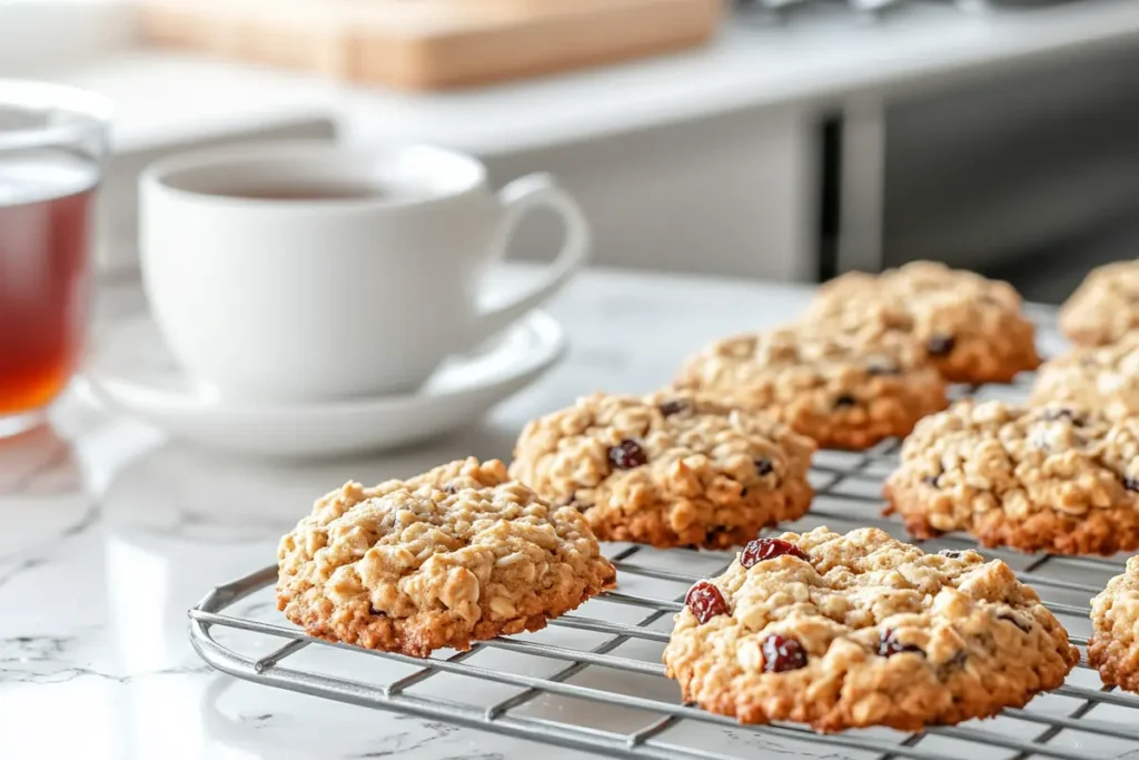 Freshly baked chewy oatmeal craisin cookies on a cooling rack with tea and holiday decor.