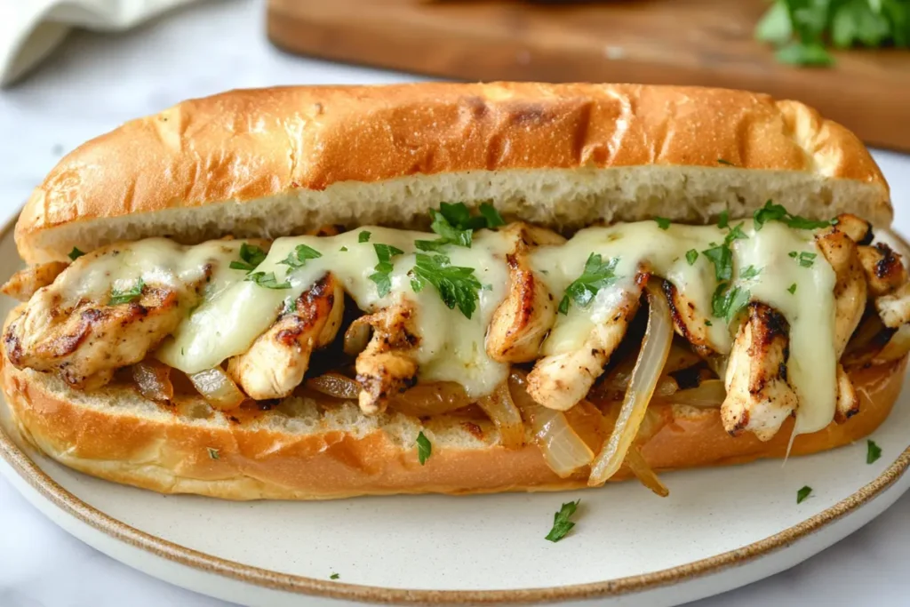 A chicken cheesesteak sandwich with melted cheese and caramelized onions on a white marble countertop.