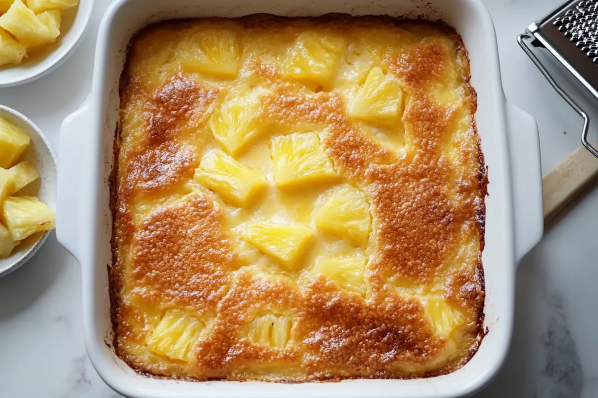 Pineapple cheese casserole with golden crispy topping in a white dish, placed on a white marble countertop with garnishes.