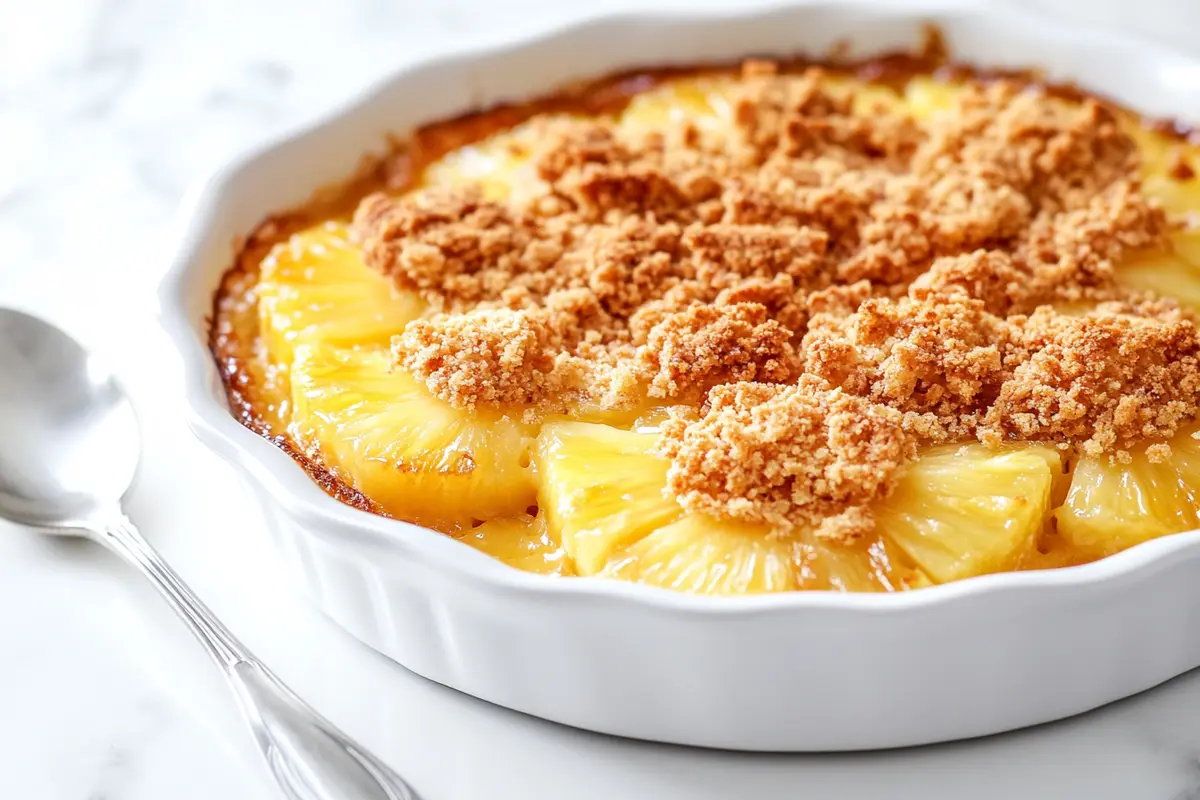 A golden-brown pineapple casserole topped with buttery crackers, baked in a white dish, sitting on a white marble countertop with a serving spoon beside it.