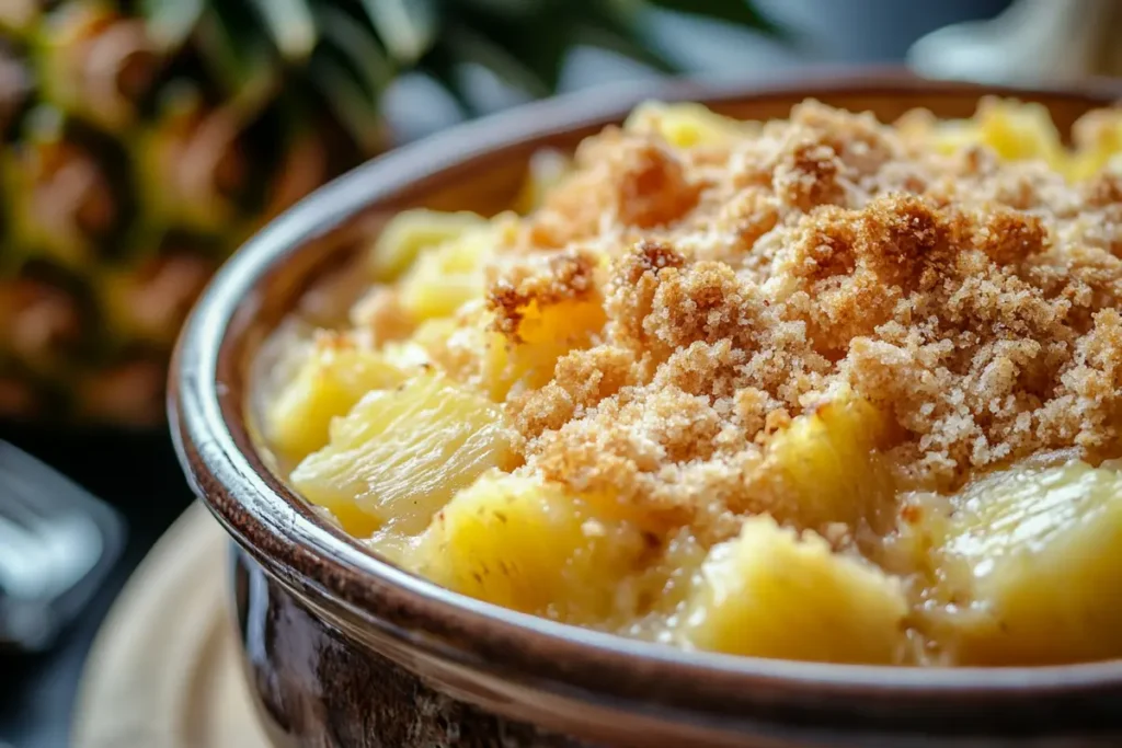 Freshly baked pineapple casserole with a golden, buttery crumble topping in a ceramic dish, with a spoon lifting a portion to reveal the creamy pineapple filling.