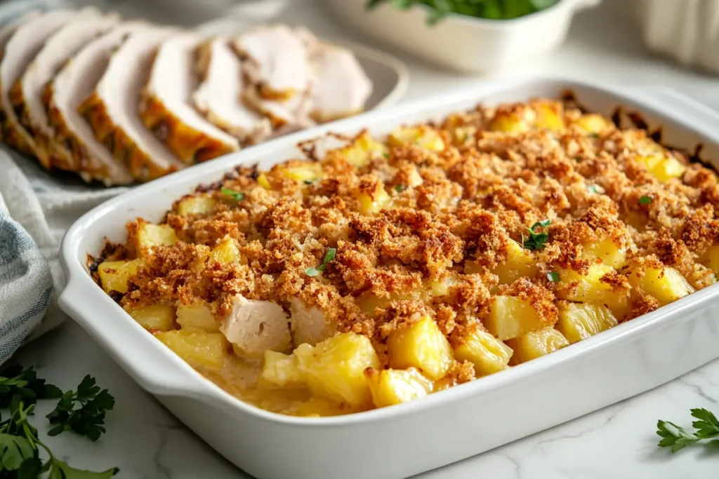 Golden pineapple casserole with a crumbly topping, sitting next to sliced turkey on a white marble countertop, with warm lighting and rustic accents.