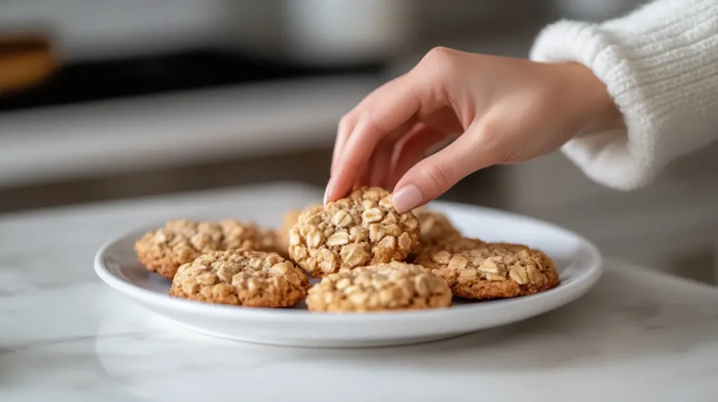 A hand reaching for an oatmeal cookie from a plate full of cookies on a white marble countertop, with a softly blurred background.