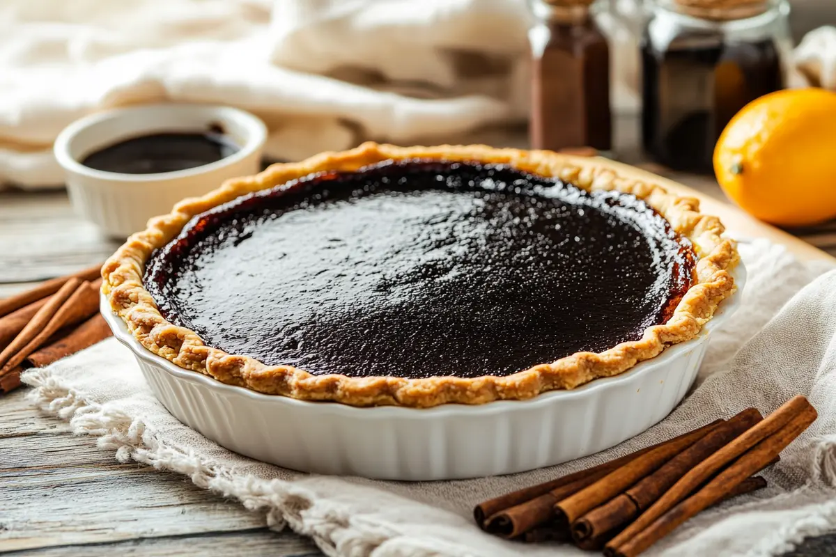 A pudding pie with a removed burnt layer, surrounded by vanilla extract, cinnamon sticks, and citrus zest on a white marble countertop.