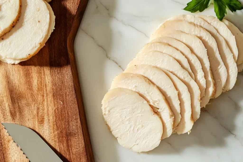  Neatly arranged slices of thinly shaved chicken breast next to a cutting board and knife.