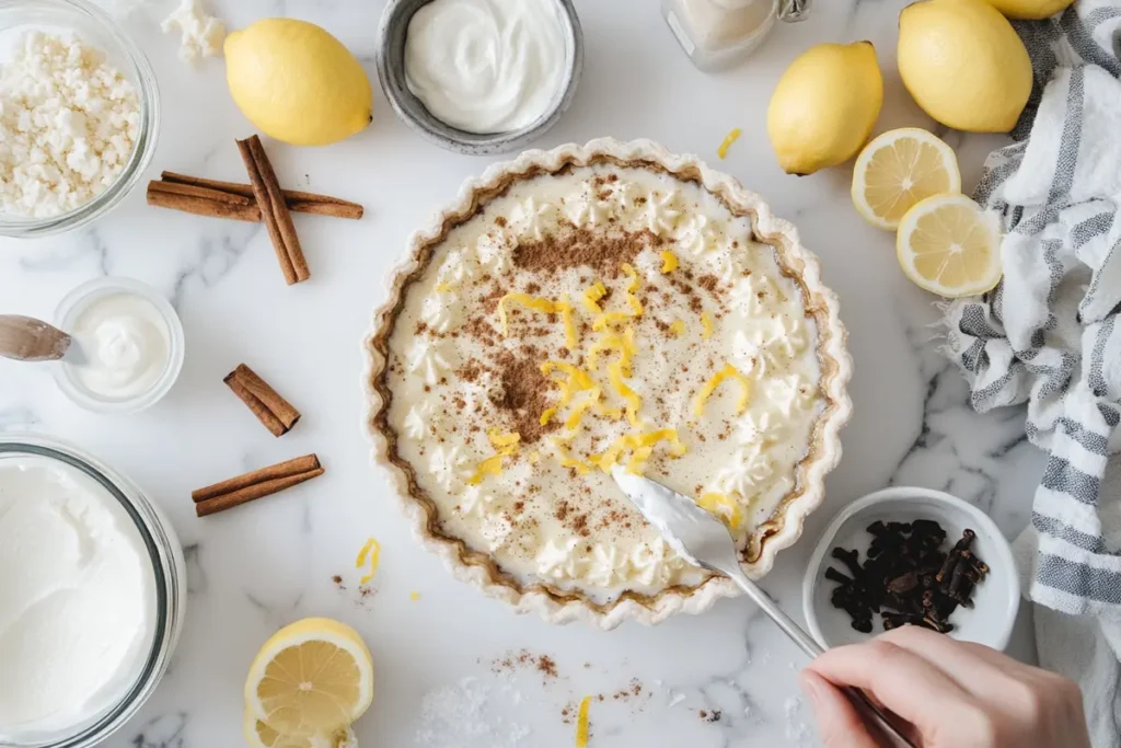  A pudding pie being garnished with citrus zest and vanilla extract, surrounded by fresh ingredients like cinnamon and lemons on a white marble countertop.