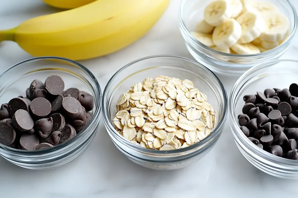 Ingredients for banana chocolate chip breakfast cookies including bananas, oats, almond butter, and chocolate chips on a white marble countertop