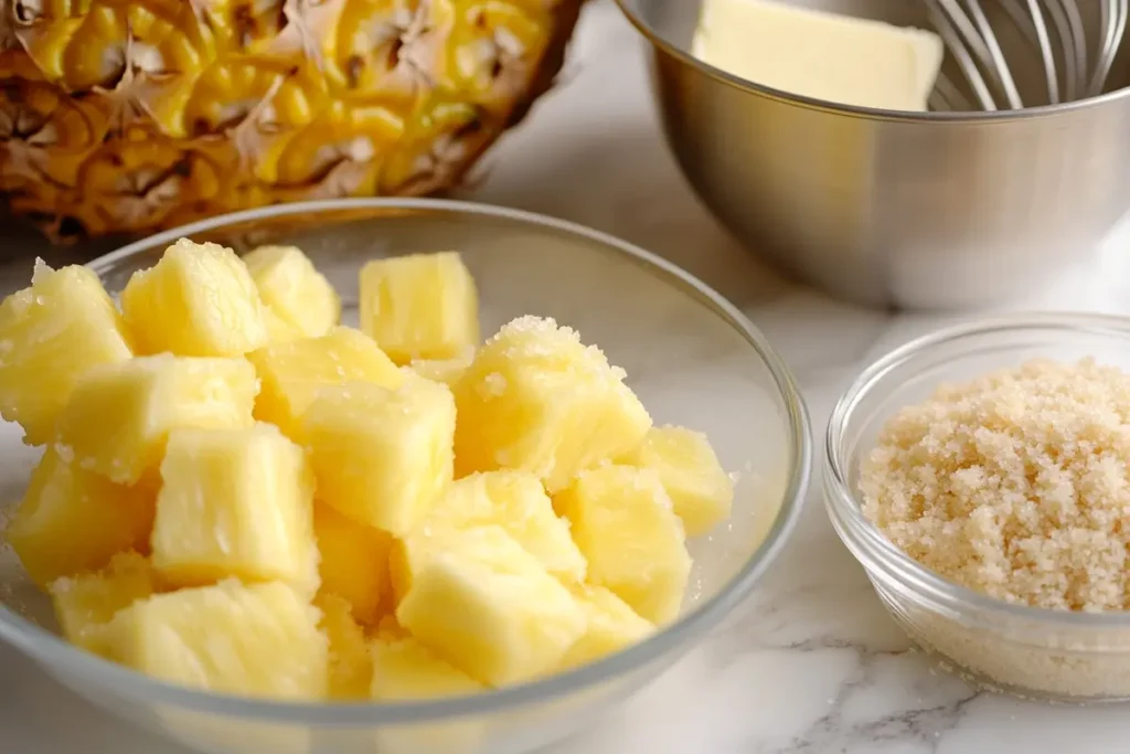  Fresh pineapple chunks, gluten-free breadcrumbs, butter, sugar, and a whisk displayed on a white marble countertop.