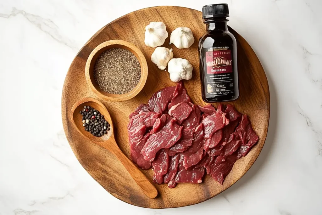 A flat-lay on a platter showing essential marinade ingredients for Philly cheesesteak: a small bowl of baking soda, Worcestershire sauce, garlic salt, black pepper, vinegar, and thinly sliced beef, all neatly arranged with a rustic wooden spoon on a white marble countertop.