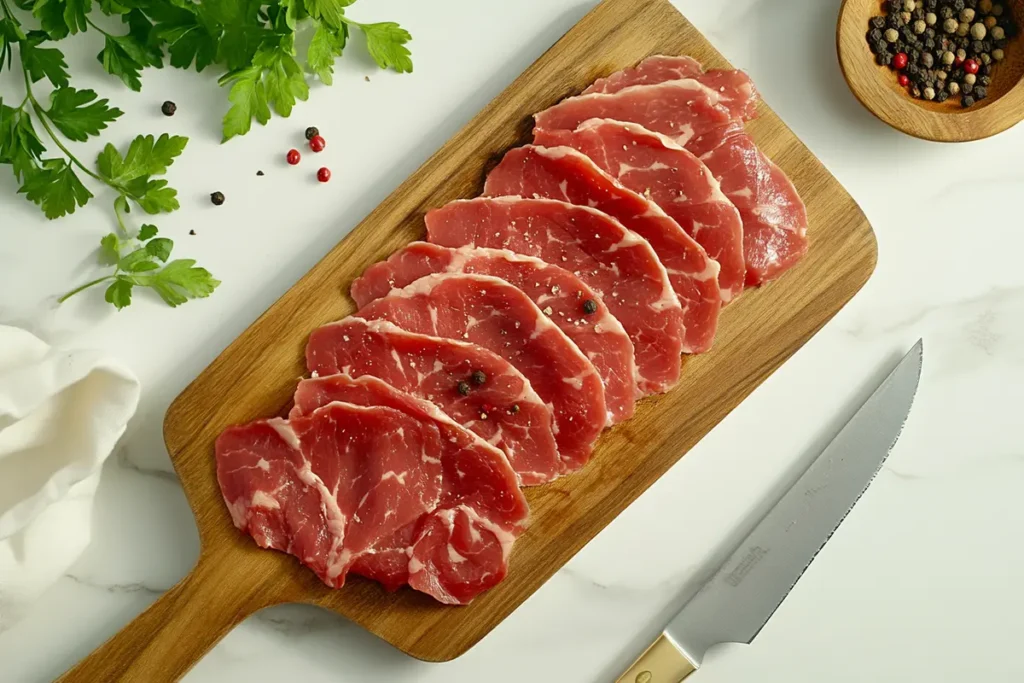 Thinly sliced beef being prepared on a wooden cutting board, ready to cook for a Philly cheesesteak.