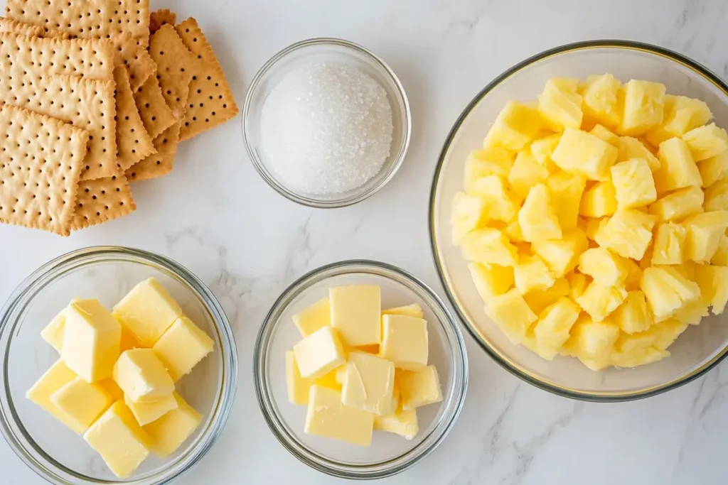 Ingredients for pineapple casserole including fresh pineapple chunks, shredded cheddar cheese, a stick of butter, sugar in a bowl, and Ritz crackers arranged neatly on a white marble countertop.